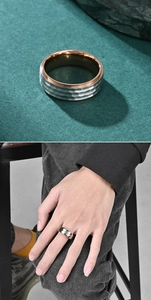 Detailed macro view of men's hammer-textured titanium steel ring in dual-tone finish