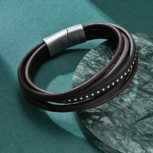 Three-layer braided brown leather bracelet for men with silver studs and magnetic buckle