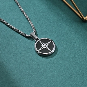 Compass pendant necklace with silver box chain featuring black dial for men fashion
