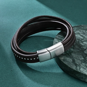 Deep brown multi-layer braided leather men's bracelet with brushed magnetic metal clasp