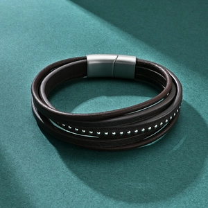 Three-layer braided dark brown leather bracelet with silver beads and magnetic clasp