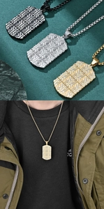 Detailansicht der strukturierten geometrischen Dog-Tag-Halsketten in Gold, Silber und Schwarz