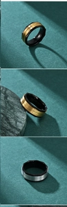 Detail of 8mm men's matte brushed octagonal ring in black and gold stainless steel