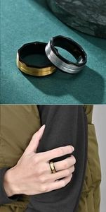 Detail view of 8mm brushed matte octagon ring with beveled edges and metal texture