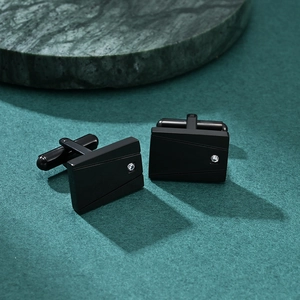 Men's black rectangular CNC cufflinks with geometric lines and cubic zirconia inlay