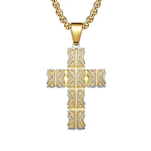 Collier Pendentif Croix en Acier Inoxydable pour Hommes Motif Géométrique Rétro Strass Chaîne de Boîte Bijoux Religieux