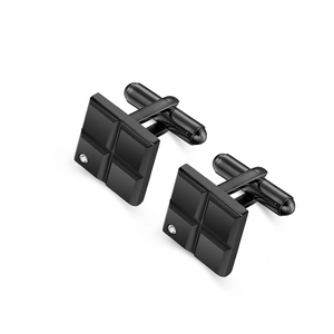 Square black men's cufflinks with geometric grid design and small crystal accent