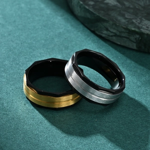 Octagonal 8mm brushed stainless steel men's ring in gold and silver black finishes
