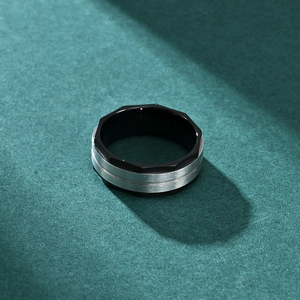 Octagon matte brushed 8mm stainless steel ring for men with dual-tone black and silver finish