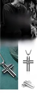 Detailed view of polished stainless steel cross pendant with black grid pattern texture