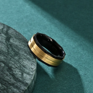 8mm octagon stainless steel ring with matte brushed gold inlay and black beveled edges