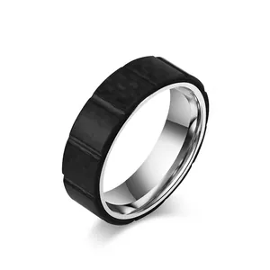 Bague en Acier Inoxydable pour Hommes Mode Incrustation de Fibre de Carbone Noire Intérieur Poli Bague Rainurée pour Hommes Bijoux Quotidiens Unisexe