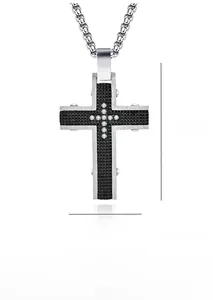 Detailed view of silver stainless steel cross pendant with dimensions 45mm by 27mm