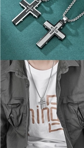 Detail of cross pendant with grid texture and matching ball chain necklace for men