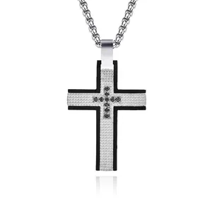 Stainless Steel Grid Texture Cross Pendant Necklace For Men Punk Industrial Style Rhinestone Inlaid Fashion Jewelry Gift