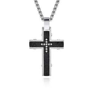 Men Stainless Steel Cross Pendant Necklace Gothic Checkered Pattern Rhinestone Inlaid Fashion Jewelry With Box Chain Neckwear