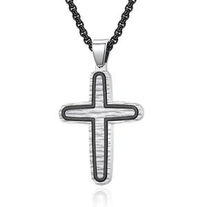 Collier Pendentif Croix Martelée Vintage pour Hommes en Acier Inoxydable Bijoux Religieux Hip Hop Or Noir Argent Pendentif Strass