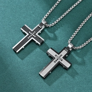 Modern stainless steel cross necklaces with grid pattern and inlaid crystal stones