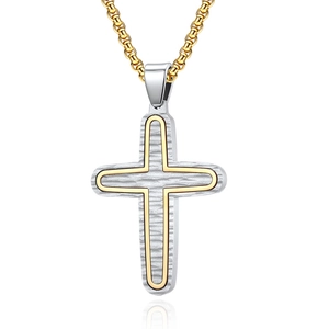 Collier avec pendentif croix bicolore argent et or, texture martelée et chaîne dorée