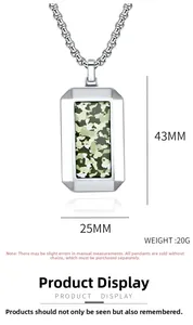Detailed view of men's stainless steel camo pendant measuring 43mm by 25mm in size