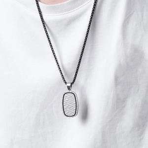 Men's hip hop necklace with rippled silver pendant and black stainless steel box chain