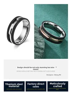 Detail view of industrial titanium steel men's rings with mesh texture and metallic inlay