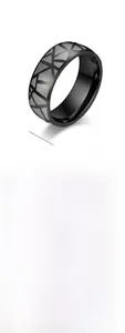 Detail view of 8mm stainless steel ring with geometric crackle patterns in black and gold