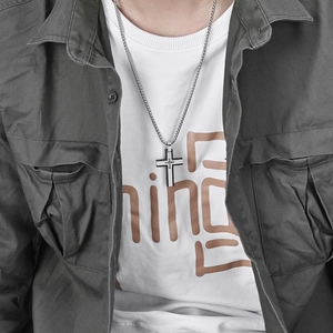 Two-tone stainless steel cross pendant necklace with checkered pattern for men