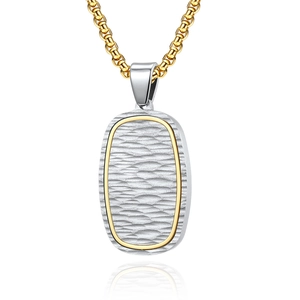 Water wave hammered oval pendant necklace with gold frame and silver textured panel