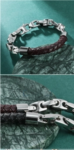 Detail of creative coffee bean links and braided leather cord on men's fashion bracelet