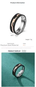 Detailed view of 8mm titanium steel ring featuring black mesh texture and rose gold inlay