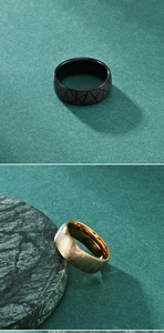 Detailed close-up of geometric cracked patterns on black matte and gold polished rings