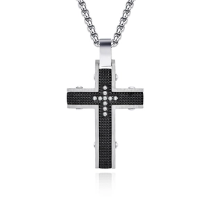 Polished stainless steel cross necklace with black grid inlay and sparkling crystals