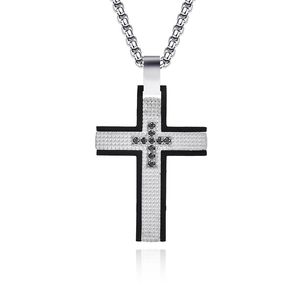 Men's stainless steel cross pendant necklace with black stones and box chain