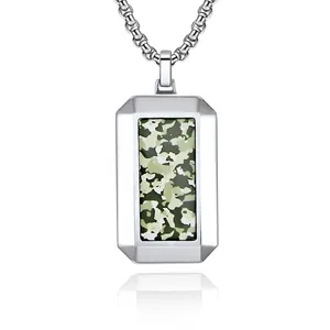 Men Stainless Steel Hexagonal Cut Camouflage Dog Tag Pendant Necklace Military Style Electroplated Jewelry Accessory Gift