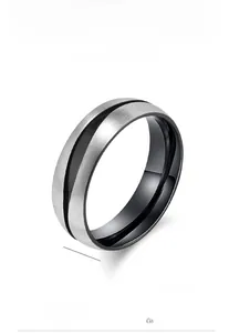 Detail shot of 7mm brushed titanium steel ring with black groove and polished silver finish