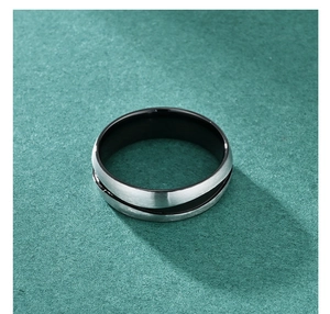 Macro view of two-tone brushed steel ring with black diagonal line and polished inner band
