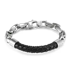 Men's Stainless Steel Braided Leather Cord Bracelet Creative Coffee Bean Link Design Hip Hop Style Trendy Jewelry Accessory
