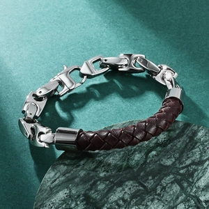 Creative coffee bean link and braided leather bracelet for men with industrial design