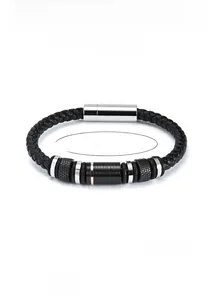Close-up of black braided leather bracelet with titanium steel magnetic clasp detail