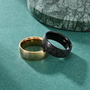 Men's minimalist stainless steel rings set featuring geometric cracked pattern and matte finish
