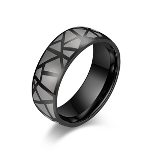 Minimalist black stainless steel ring with modern cracked geometric pattern for men