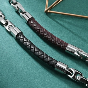 Men's coffee bean design woven leather bracelet set with polished steel clasp