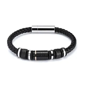 Men Braided Leather Bracelet Stainless Steel Magnetic Clasp Industrial Punk Style Jewelry Black Silver Rose Gold Beads Wristband