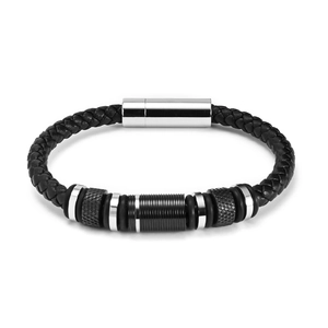 Men's black braided leather bracelet with two-tone threaded stainless steel magnetic clasp
