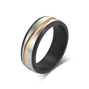 Three-tone carbon fiber and titanium steel ring with silver brushed finish for men