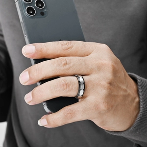 Minimalist V-groove titanium steel ring for men featuring silver and black contrast finish