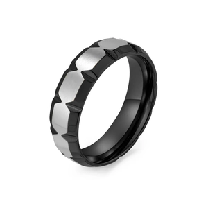Minimalist titanium steel ring with black and silver contrast v-groove design