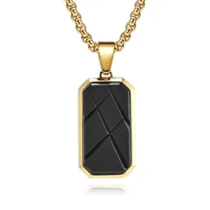 Men Stainless Steel Geometric Military Tag Pendant Necklace Rectangular Engraved Line Design Artificial Pearl Chain Jewelry