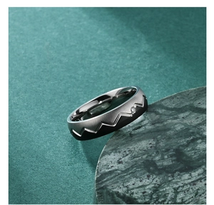 Detail of silver titanium steel ring with black sawtooth pattern and inset gemstone
